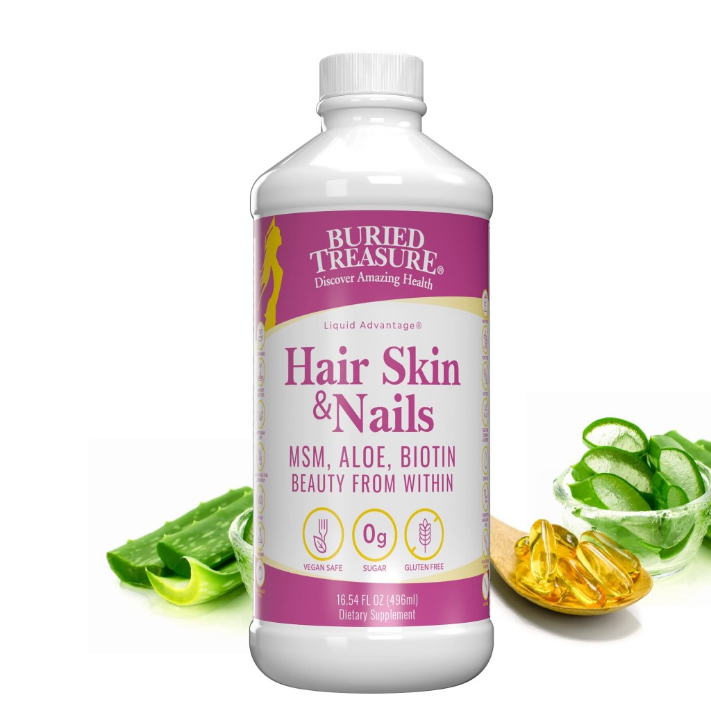 Picture of: Buried Treasure Hair, Skin and Nails with MSM Biotin Aloe Vera plus  Vitamins and Minerals in a High Potency Liquid Whole Food Complex for  Fuller Hair,