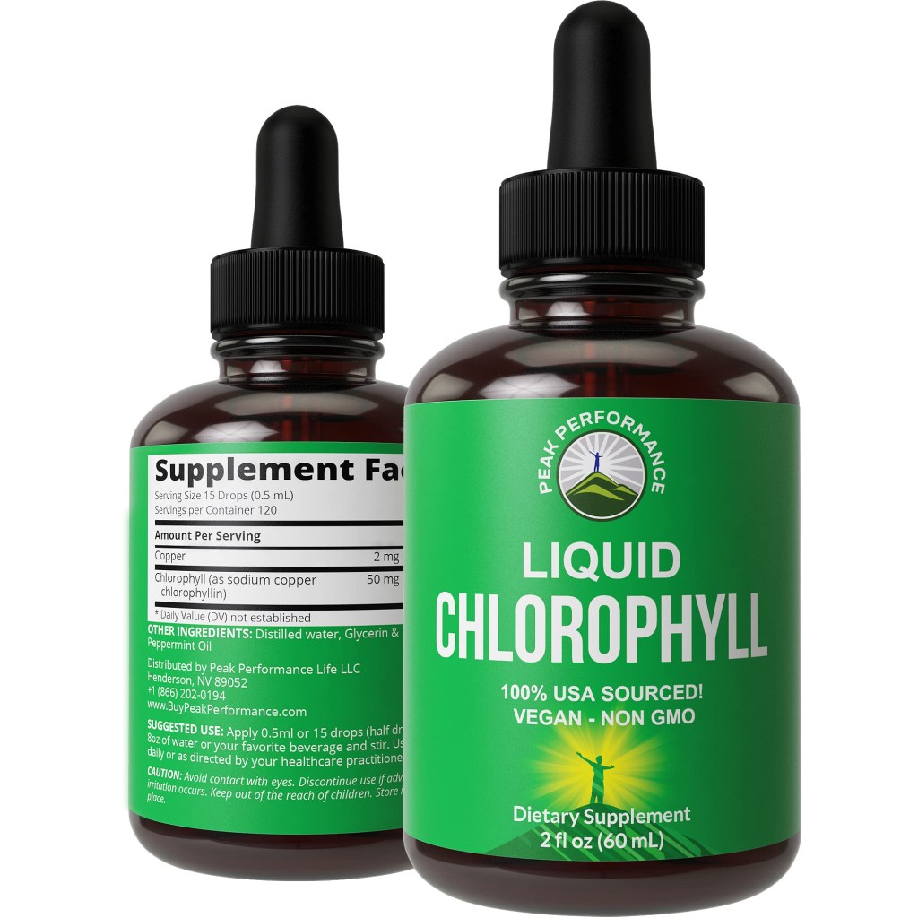 Picture of: Chlorophyll Liquid Drops USA Sourced by Peak Performance. Vegan, Non-GMO  Extract from Rich Mulberry Leaves with Copper for High Stability